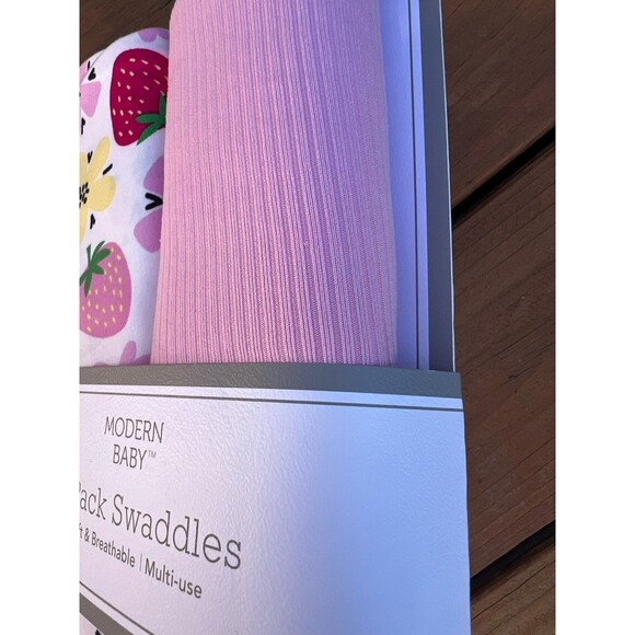 Modern Baby Pink Floral Strawberries Swaddling Blankets Multi Use Stretchy New - Picture 2 of 3